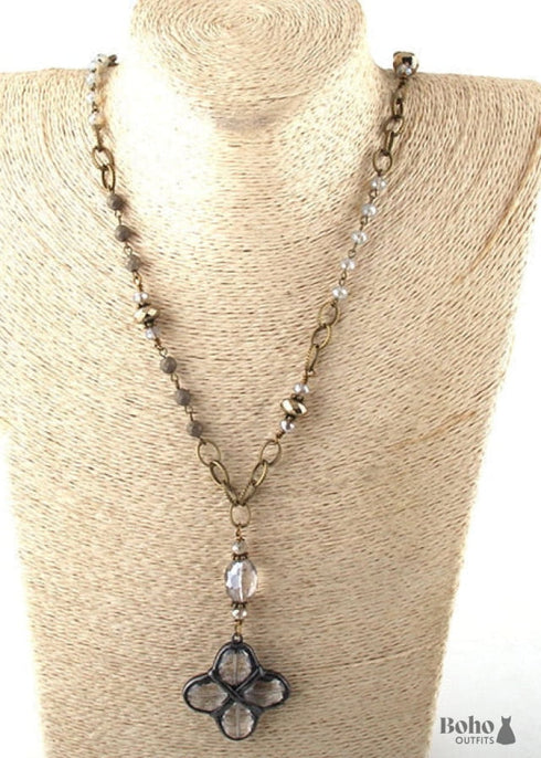 Boho Necklace, RH Antique Brass Silver Stone Glass